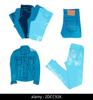 Pantaloncini, pantaloni e giacca in denim blu. Set di abiti in denim. Jeans blu e shorts moderni. Illustrazioni isolate di outfit trendy. Abbigliamento UNISEX su a. Foto Stock