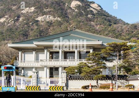 Centro ricevimento per uffici presidenziali Blue House. La Casa Blu, è l'ufficio esecutivo e la residenza ufficiale del presidente della Corea del Sud. Foto Stock