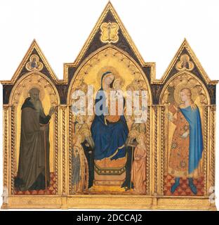 Puccio di Simone, (pittore), fiorentino, attivo c. 1330 - 1360, Allegreto Nanzi, (pittore), umbro, attivo da c. 1340; morto 1373, Sant'Antonio Abate, 1354, tempera su pannello, superficie dipinta: 89.3 x 33.6 cm (35 3/16 x 13 1/4 pollici), totale (con culla): 90 × 35.5 × 2.8 cm (35 7/16 × 14 × 1 1/8 pollici), incorniciato: 123.8 x 45.7 x 8.3 cm (48 3/4 x 18 x 3 1/4 pollici), la creazione di opere d'arte durante il tardo Medioevo e l'inizio del Rinascimento è stata spesso un processo collaborativo. Questo pannello fa parte di un trittico dipinto da due artisti: Il Puccio di Simone (fiorentino, attivo c.. 1330 - 1360) Foto Stock