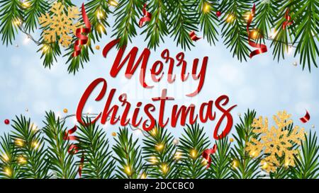 Sfondo con scritta buon Natale, rami di pino realistico, ghirlande luminose, serpentina, fiocco di neve d'oro glitter. Biglietto d'auguri di Natale Illustrazione Vettoriale