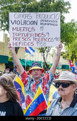 Miami Florida,Little Havana,uomini ispanici,Calle Ocho protesta politica Fidel Castro Hugo Chavez,firma striscioni marciando venezuelani cubani, Foto Stock