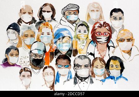 Persone di razza, età e sesso diversi in una maschera medica, poster di concetto pandemia coronavirus Foto Stock