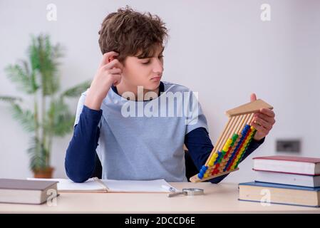 Ragazzo con abaco che studia matematica a casa Foto Stock