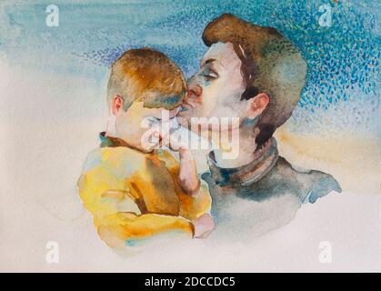 Madre baciando il suo figlio triste per allietarlo, illustrazione originale dell'acquerello con backgraund punteggiato blu Foto Stock