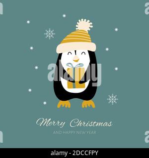 Carino pinguino cartoon in cappello con confezione regalo. Biglietto d'auguri di Natale. Illustrazione vettoriale. Illustrazione Vettoriale