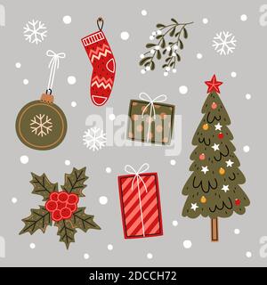 Set di Natale. Illustrazione vettoriale piatta. Albero di Natale, agrifoglio, regali, mistletoe, calza, bauble di vetro in stile cartone animato. Elemento decorativo di Capodanno Illustrazione Vettoriale