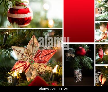 Albero di Natale decorato, vero abete Nordmann davanti a sfondo sfocato. Diverse macro fotografi mostrano baubles, stelle e regali. Spazio di copia rosso Foto Stock