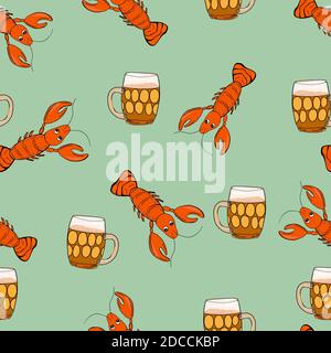 Birra leggera con spuntini di molluschi. Illustrazione di stile cartoon disegnata a mano. Coppa in vetro con motivo senza cuciture. Colori brillanti. Illustrazione Vettoriale