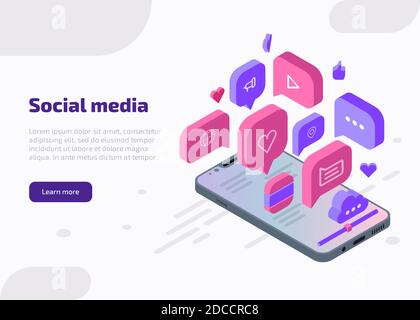 Banner Web isometrico di marketing sui social media, modello di landing page. Concetto di influencer con come, chat, video, musica, cuore, cloud, icone Internet dallo schermo dello smartphone. illustrazione vettoriale 3d. Illustrazione Vettoriale