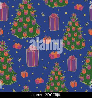 Modello vettoriale senza giunture di alberi di Natale decorati, scatole regalo, stelle e neve. Design Ney Year. Illustrazione Vettoriale