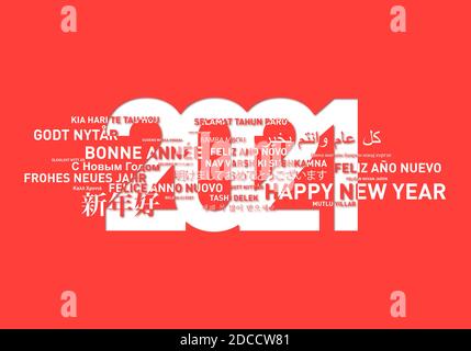 Happy new year 2021 card from the world in different languages. Vibrant orange background Foto Stock