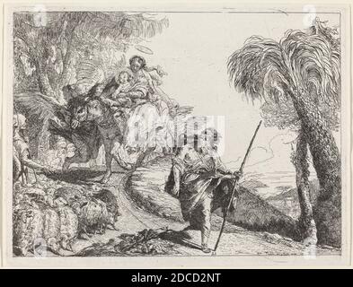 Giovanni Domenico Tiepolo, (artista), Veneziano, 1727 - 1804, il volo con Giuseppe in primo piano, volo in Egitto: pl.21, (serie), 1753, incisione Foto Stock