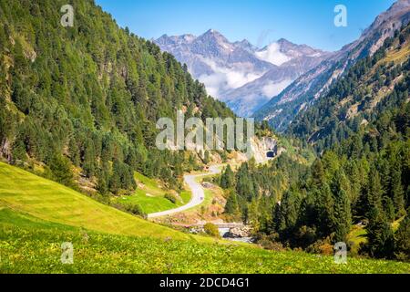 Campi verdi nei pressi dell'idilliaco villaggio montano di Vent, nel Ötztal (Tirolo, Austria), circondato da montagne Foto Stock