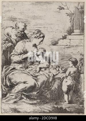 Bartolomeo Biscaino, (artista), Genovese, 1629 - 1657, la Sacra Famiglia con San Giovanni, incisione Foto Stock