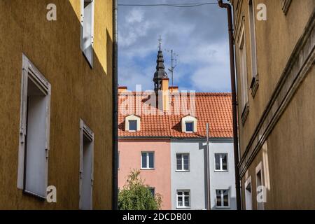 Città vecchia di Morag, nella contea di Ostroda nel Voivodato Warmiano-Masuriano della Polonia settentrionale Foto Stock