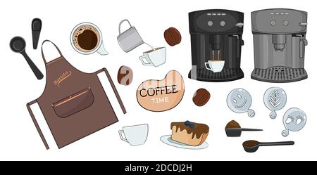 Set di caffè con diversi strumenti per baristi, caffè e uso domestico. Illustrazione vettoriale. Illustrazione Vettoriale