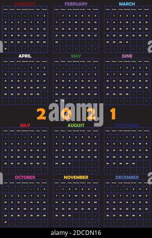 2021 Calendario annuale Planner grande spazio editabile su designer nero taglia Illustrazione Vettoriale