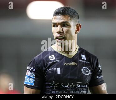 20 novembre 2020; Totally Wicked Stadium, Saint Helens, Merseyside, Inghilterra; betfred Super League Playoff Rugby, Saint Helens Saints contro Catalan Dragons; David Mead di Catalan Dragons Credit: Action Plus Sports Images/Alamy Live News Foto Stock