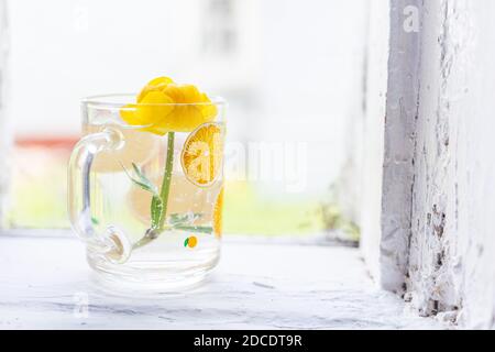 Un fiore giallo in una tazza di vetro in acqua su una finestra in una vecchia casa di campagna, un davanzale bianco e cornice. Mattina di primavera, luce naturale. Il primo Foto Stock