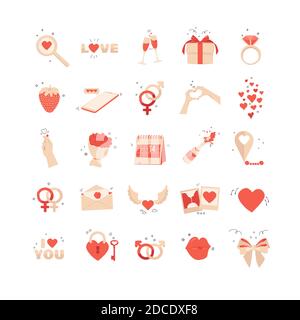 Insieme di icone isolate disegnate a mano dal vettore per il giorno di San Valentino. Amore e concetto di relazione, 14 febbraio. Regalo, cuore, calendario, mani, champagne, Illustrazione Vettoriale