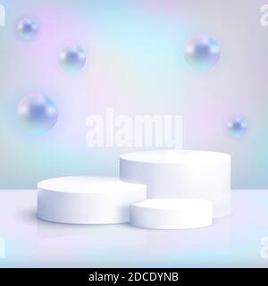 Podio bianco realistico su sfondo iridato con sfere olografiche volanti. Scena pastello con piedistallo cilindrico vuoto per la mostra di prodotti. Lusso Illustrazione Vettoriale