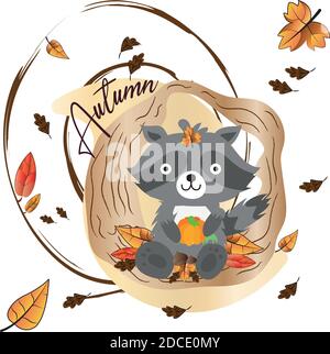 Raccoon seduto su foglie secche Illustrazione Vettoriale