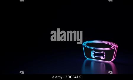 rendering 3d tecno neon viola blu brillante contorno simbolo wireframe di ciotola del cane con osso isolato su sfondo nero con riflessione lucida sul pavimento Foto Stock
