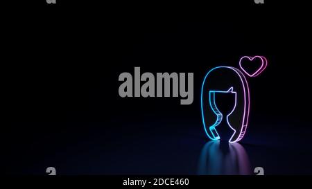 rendering 3d tecno neon viola blu brillante contorno simbolo wireframe di ragazza in testa di amore isolato su sfondo nero con riflessione lucida sul pavimento Foto Stock