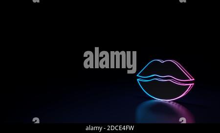 rendering 3d tecno neon viola blu brillante contorno simbolo wireframe di labbra per bacio isolato su sfondo nero con lucido riflessione sul pavimento Foto Stock