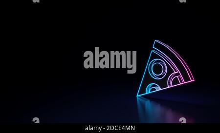 rendering 3d tecno neon viola blu brillante contorno simbolo wireframe di pizza rotonda o spuntino isolato su sfondo nero con riflessione lucida attivata Foto Stock