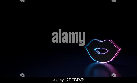 rendering 3d tecno neon viola blu brillante contorno simbolo wireframe di labbra sorridenti per bacio isolato su sfondo nero con riflessione lucida sul pavimento Foto Stock