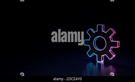 rendering 3d tecno neon viola blu brillante contorno simbolo wireframe simbolo di sole brillante isolato su sfondo nero con lucido riflessione sul pavimento Foto Stock