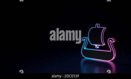 rendering 3d tecno neon viola blu brillante contorno simbolo wireframe di vecchia barca vichinga dal profilo isolato su sfondo nero con riflessi lucidi Foto Stock