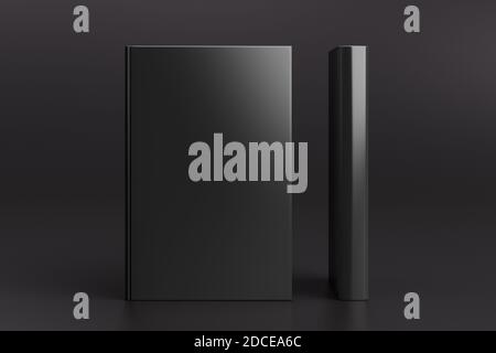 Due mockup book verticali neri con copertina rigida su sfondo nero. Copertina vuota e dorso del libro Foto Stock