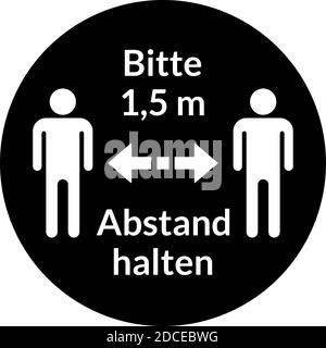 Bitte 1,5 m abstand halten ('tenere una distanza di 1,5 metri' in tedesco) Round Social Distancing Instruction Sticker icona. Immagine vettoriale. Illustrazione Vettoriale