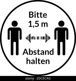 Bitte 1,5 m abstand halten ('tenere una distanza di 1,5 metri' in tedesco) Round Social Distancing Instruction Sticker icona. Immagine vettoriale. Illustrazione Vettoriale