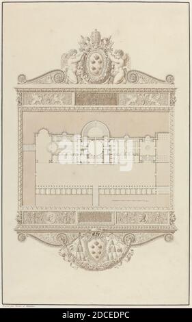 Charles Percier, (artista), francese, 1764 - 1838, Pierre-François-Léonard Fontaine, (artista), francese, 1762 - 1853, Villa Madama a Roma, in o prima del 1809, penna e inchiostro grigio con lavaggio marrone su grafite su carta crema wove; steso sul monte, totale: 42.2 x 26.2 cm (16 5/8 x 10 5/16 pollici Foto Stock