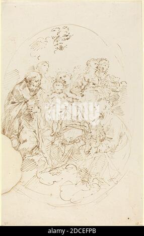 Donato Creti, (artista), bolognese, 1671 - 1749, Vergine con cinque Santi, penna e inchiostro marrone su carta deposta, totale (approssimativo): 29.4 x 18.5 cm (11 9/16 x 7 5/16 pollici Foto Stock