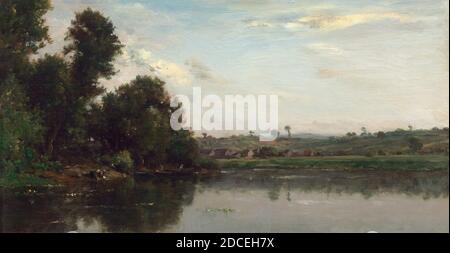 Charles-François Daubigny, (artista), francese, 1817 - 1878, lavatrici sul fiume Oise vicino a Valmondois, 1865, olio su legno, totale: 24 x 46 cm (9 7/16 x 18 1/8 pollici), incorniciato: 42.9 x 63.8 x 8.9 cm (16 7/8 x 25 1/8 x 3 1/2 pollici Foto Stock