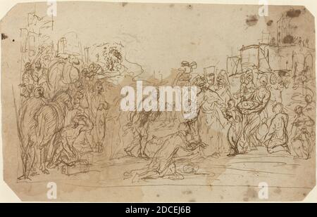 Donato Creti, (artista), Bolognese, 1671 - 1749, l'Adorazione dei Magi, penna e inchiostro marrone con lavaggio marrone su carta a fogli, tuta (approssimativa): 17.8 x 27.8 cm (7 x 10 15/16 pollici Foto Stock