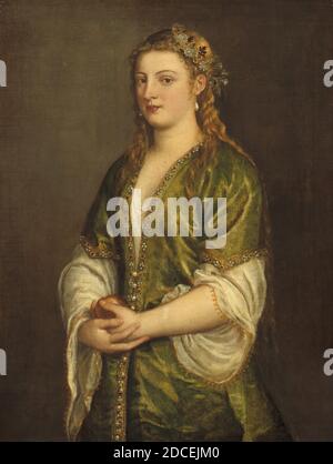 Tiziano, (pittore), Veneziano, 1488/1490 - 1576, Donna che tiene una mela, c.. 1550, olio su tela, totale: 97.8 × 73.8 cm (38 1/2 × 29 1/16 in.), incorniciato: 123 x 99.4 x 9.8 cm (48 7/16 x 39 1/8 x 3 7/8 in Foto Stock