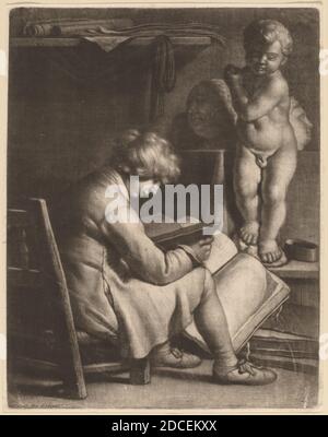 Wallerant Vaillant, (artista), Fiammingo, 1623 - 1677, giovane artista con una statua di Cupido, mezzotint Foto Stock