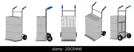 set di rendering 3d di carrelli manuali con scatole per pacchi isolate su bianco Foto Stock