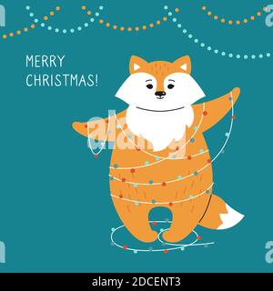 Biglietto di auguri natalizi, volpe con ghirlanda. Simpatico personaggio natalizio con cartoni animati disegnati a mano. Felice anno nuovo, Buon Natale. Vettore animale Illustrazione Vettoriale