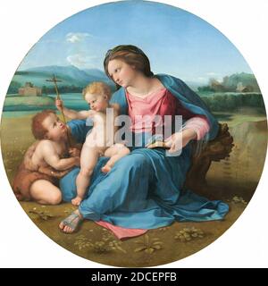 Raffaello, (artista), Marchigiano, 1483 - 1520, la Madonna Alba, c.. 1510, olio su pannello trasferito su tela, totale (diametro): 94.5 cm (37 3/16 poll.), incorniciato (diametro x profondità): 140.34 × 15.88 cm (55 1/4 × 6 1/4 in.), dopo quattro anni a Firenze, Raffaello si trasferì a Roma nel 1508, probabilmente per eseguire commissioni più significative sotto il regno papale di Giulio II L'opera più importante in America del periodo romano di Raffaello è l'Alba Madonna. In questa 'Madonna dell'umiltà' la Vergine è seduta direttamente a terra invece che su un trono celeste o su un sontuoso cuscino Foto Stock