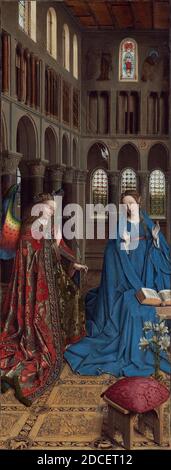 Jan van Eyck, (artista), olandese, c.. 1390 - 1441, l'Annunciazione, c.. 1434/1436, olio su tela trasferito dal pannello, superficie verniciata: 90.2 x 34.1 cm (35 1/2 x 13 7/16 in.), supporto: 92.7 x 36.7 cm (36 1/2 x 14 7/16 in.), incorniciato: 97.31 × 42.23 × 6.99 cm (38 5/16 × 16 5/8 × 2 3/4 in.), l'Annunciazione descritta da San Luca è interpretata in termini di attualità in questo dipinto, che era probabilmente una volta l'ala sinistra di un trittico. Le forme, anche quella dell'arcangelo, sembrano avere peso e volume. Luce e ombra giocano su di loro in modo naturale, e con incredibile abilità, Jan van Eyck Foto Stock