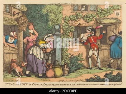 Thomas Rowlandson, (artista), britannico, 1756 - 1827, che muore per amore, o Captain Careless sparato da una ragazza di quindici, che inaspettatamente schioccò la sua testa da una Casement, 1810, incisione colorata a mano Foto Stock