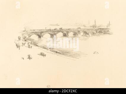 James McNeill Whistler, (artista), americano, 1834 - 1903, sera, Little Waterloo Bridge, 1896, litografia in nero su carta defilata, immagine: 9.3 × 19.4 cm (3 11/16 × 7 5/8 in.), foglio: 23 × 28.4 cm (9 1/16 × 11 3/16 in Foto Stock