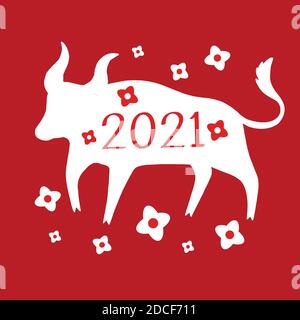 Banner minimalistico di nuovo anno con divertente cartoon Doodle bull, simbolo 2021 anni e fiori Illustrazione Vettoriale