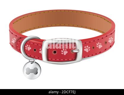 3d realistico vettore cane o gatto rosso colletto con medaglia d'argento. Isolato su sfondo bianco. Illustrazione Vettoriale